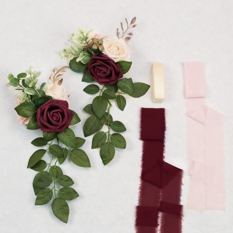 DreamBuilt Wedding Aisle Decorations for Wedding Ceremony Set of 10 Pew Flowers for Church Chair Decorations Party Decor with Artificial Flowers Eucalyptus and Ribbons Burgundy - Image 5