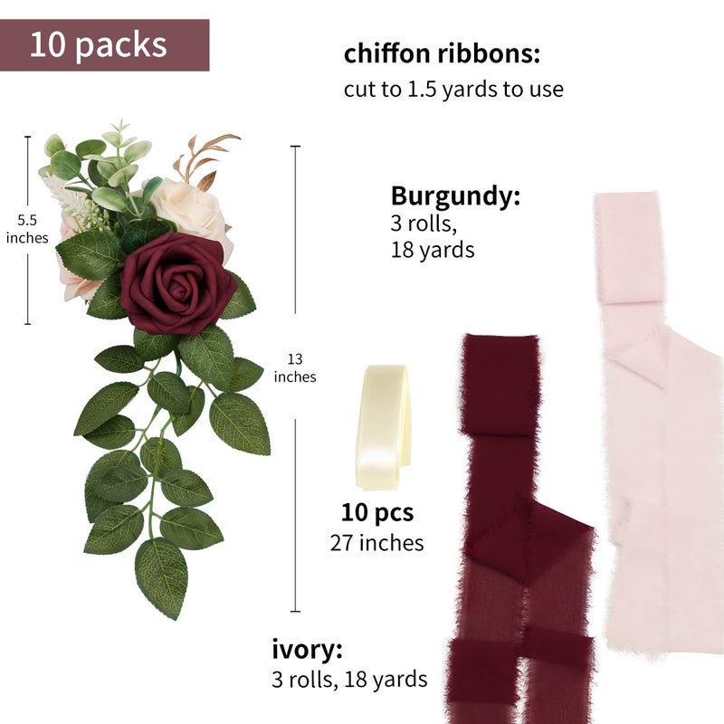 DreamBuilt Wedding Aisle Decorations for Wedding Ceremony Set of 10 Pew Flowers for Church Chair Decorations Party Decor with Artificial Flowers Eucalyptus and Ribbons Burgundy - Image 2