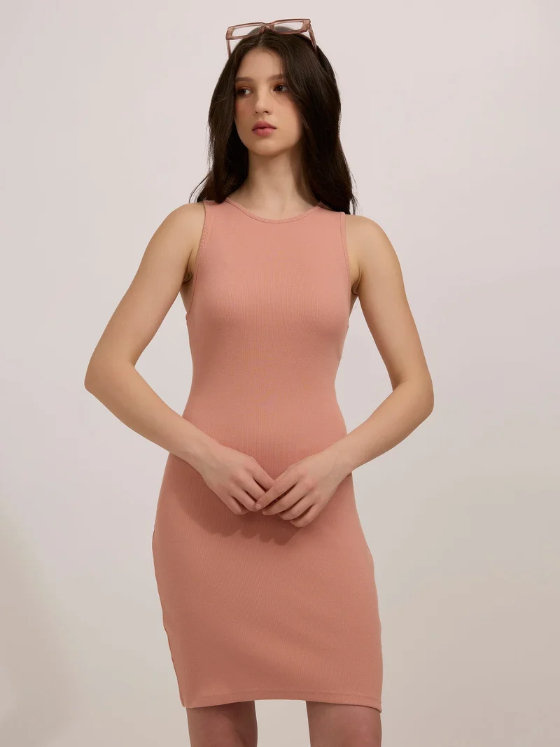 OUTZIDR Peach Solid Bodycon Tank Dress
