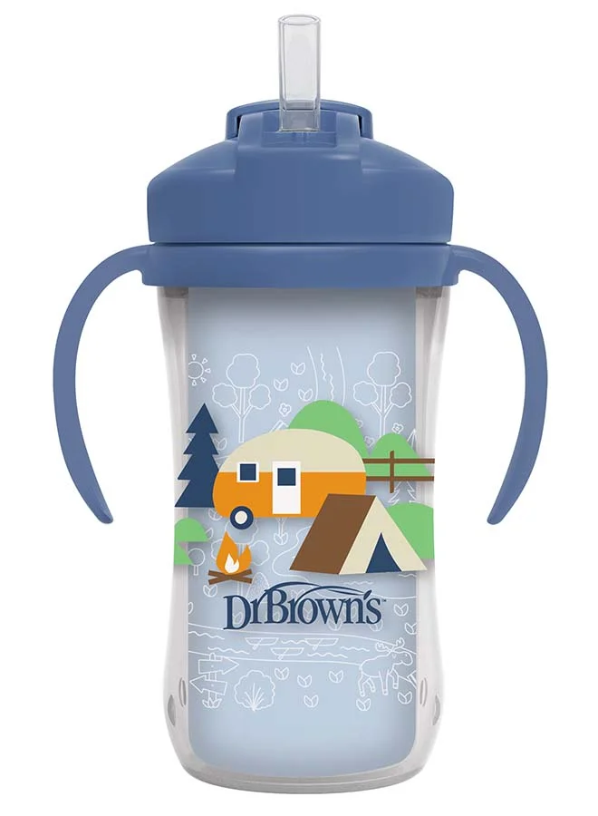 دكتور براونز 10 oz/300 mL Insulated Straw Cup with Handles, Blue Camping Site (12m+), 1-Pack