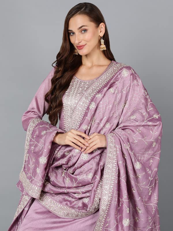 Vaamsi Women's Silk Blend Solid Embroidered Straight Kurta Pant with Dupatta With Cotton Inner (PKSKD1898_XL_Lavender) - Image 4