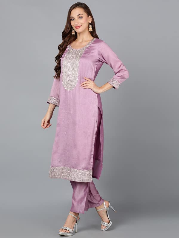 Vaamsi Women's Silk Blend Solid Embroidered Straight Kurta Pant with Dupatta With Cotton Inner (PKSKD1898_XL_Lavender) - Image 3