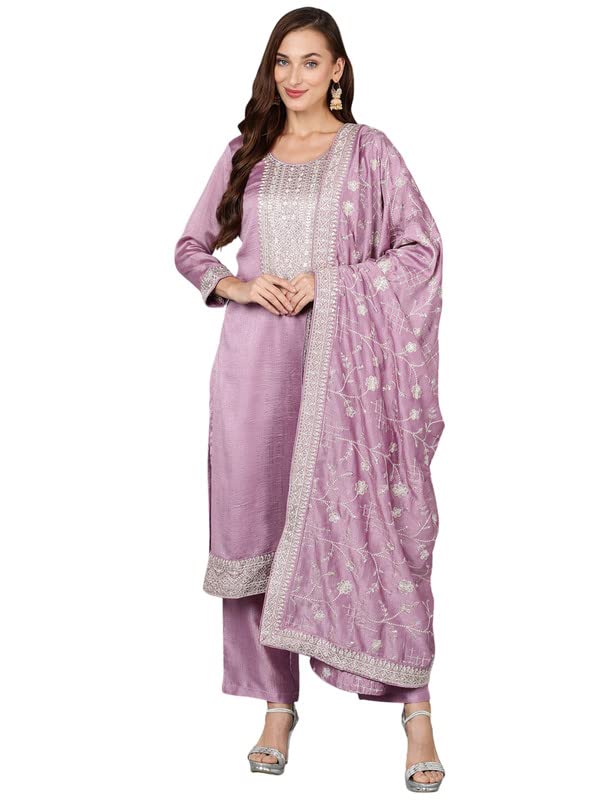 Vaamsi Women's Silk Blend Solid Embroidered Straight Kurta Pant with Dupatta With Cotton Inner (PKSKD1898_XL_Lavender) - Image 1