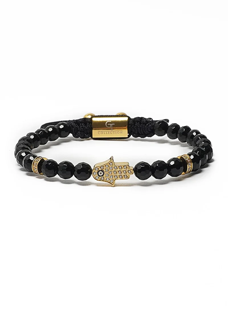 Lunnora Black Onyx Beads Handmade Natural Stone Bead Bracelet – Bracelet for Men, Men’s Bracelet, Gifts for Men, Bracelets for Men – With Golden Hamsa Hand, Adjustable One Size Fits All