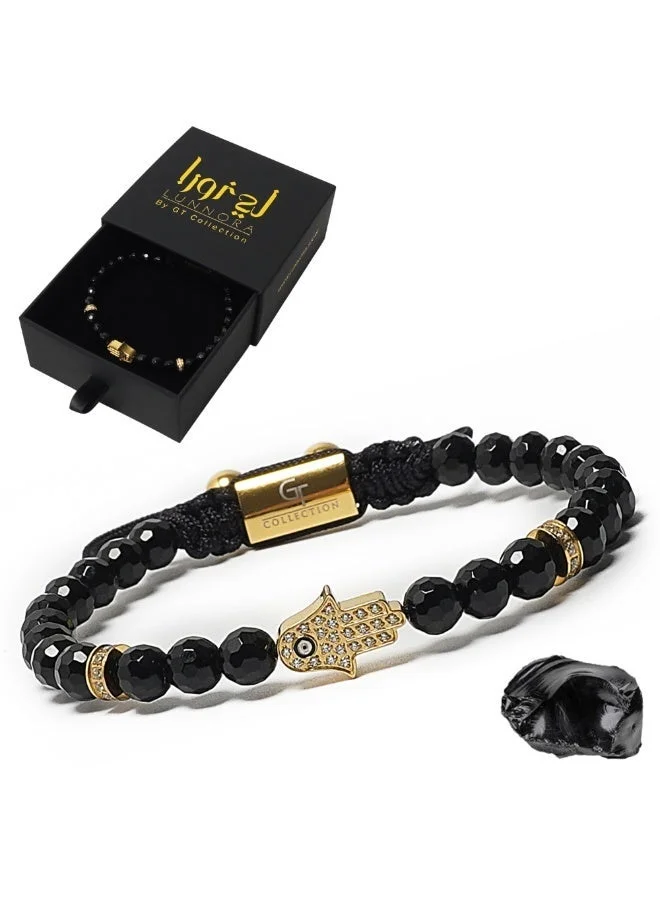 لونورا خرز العقيق الأسود سوار خرز من الحجر الطبيعي مصنوع يدويًا – سوار للرجال، سوار رجالي، هدية للرجال، أساور للرجال – مع يد همسة ذهبية، قابل للتعديل بمقاس واحد للجميع