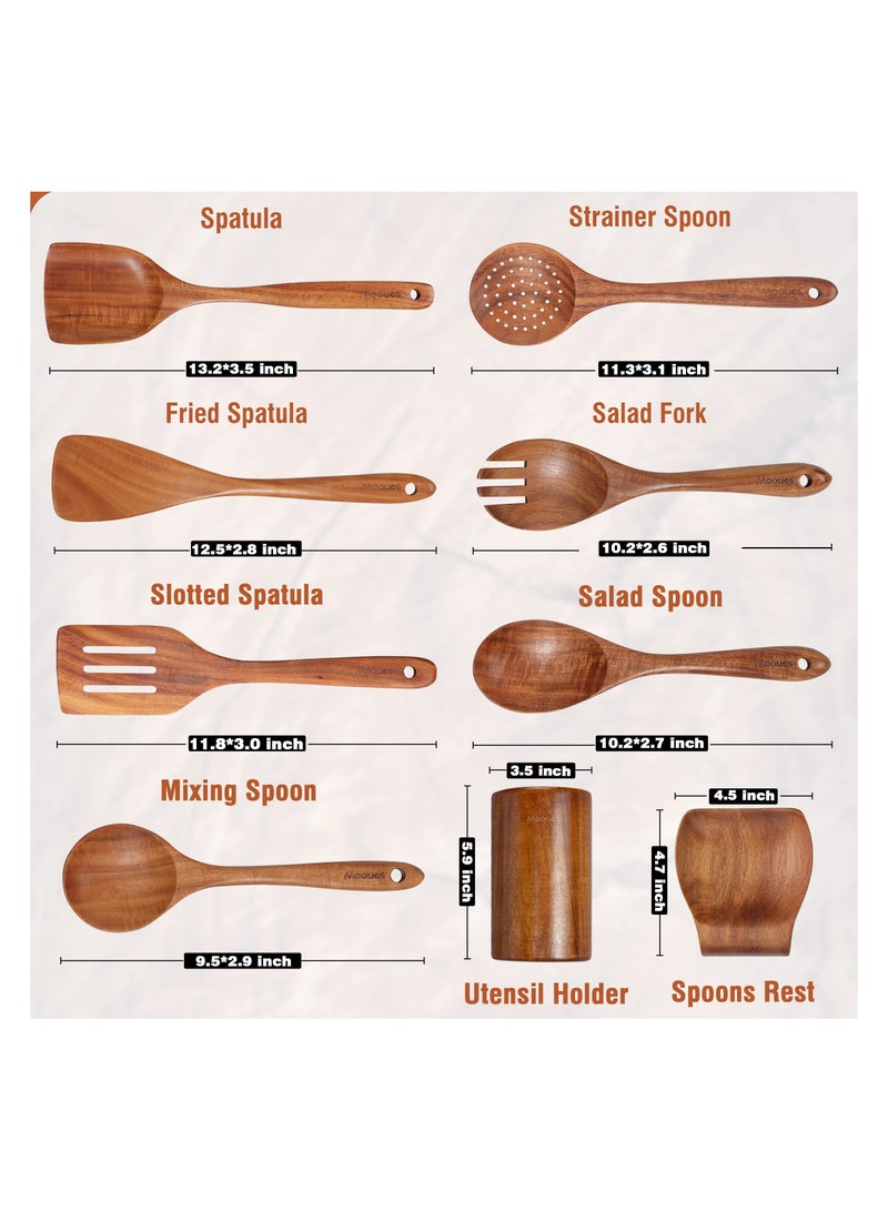 ميكسد 9 قطعة طبيعية خشبية خشبية مطبخ أدوات مجموعة مع ملعقة الراحة - الراحة قبضة الطبخ ملعقة وأدوات حامل - Image 2