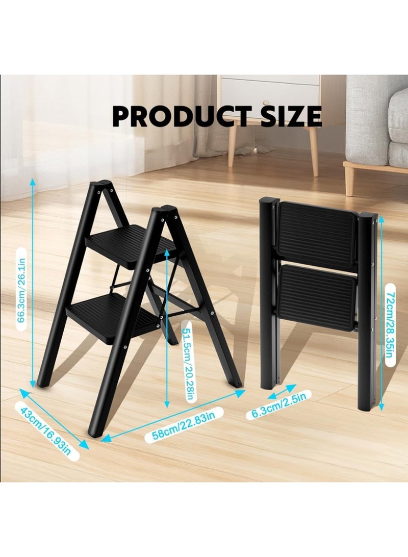 Cady One 2-Step Folding Ladder with Wide Non-Slip Pedal, Portable Lightweight Heavy Duty Steel Ladder with Durable Rubber Base for Stability, Suitable for Indoor and Outdoor Use, Black - Image 2