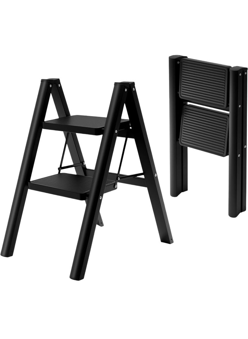 Cady One 2-Step Folding Ladder with Wide Non-Slip Pedal, Portable Lightweight Heavy Duty Steel Ladder with Durable Rubber Base for Stability, Suitable for Indoor and Outdoor Use, Black - Image 1