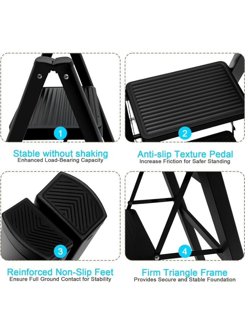 Cady One 2-Step Folding Ladder with Wide Non-Slip Pedal, Portable Lightweight Heavy Duty Steel Ladder with Durable Rubber Base for Stability, Suitable for Indoor and Outdoor Use, Black - Image 3