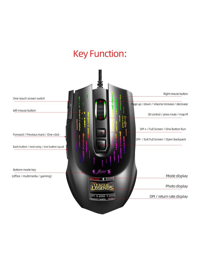 ماوس ألعاب سلكي J500 USB ماوس ألعاب RGB مع شاشة عرض ستة DPI قابلة للتعديل لأجهزة الكمبيوتر المحمول المكتبية  - Image 5