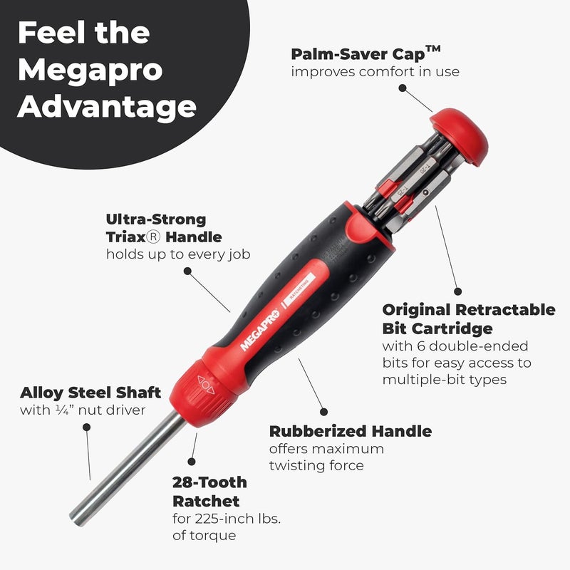Megapro 13-in-1 Ratcheting Screwdriver with Pullout Bit Cartridge, Red, 1/4 Inch - Image 2