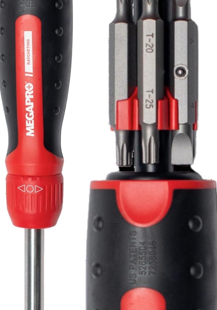 Megapro 13-in-1 Ratcheting Screwdriver with Pullout Bit Cartridge, Red, 1/4 Inch - Image 1