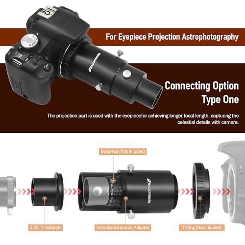 Astromania Upgrated Telescope Camera Adapter - Variable Projection Adapter 1.25 inch Extension Tube Kit for Prime Focus and Eyepiece Projection Astrophotography with Refractors or Reflector Telescopes - Image 3
