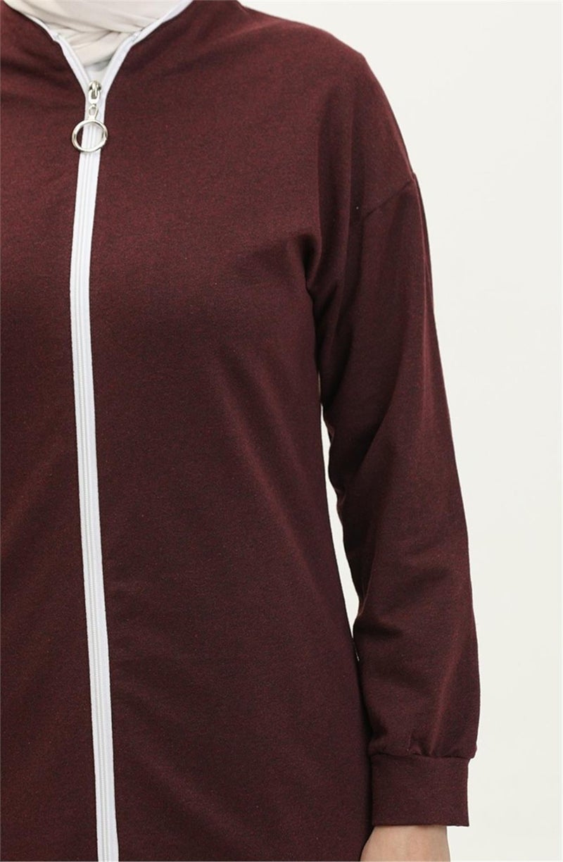 Sevda Crew Neck Zippered Long Tunic Plain Basic Sports Suit - 3044 - Claret Red - Image 4