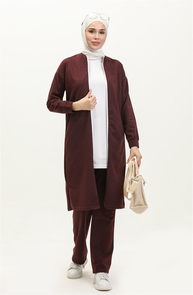 Sevda Crew Neck Zippered Long Tunic Plain Basic Sports Suit - 3044 - Claret Red - Image 2