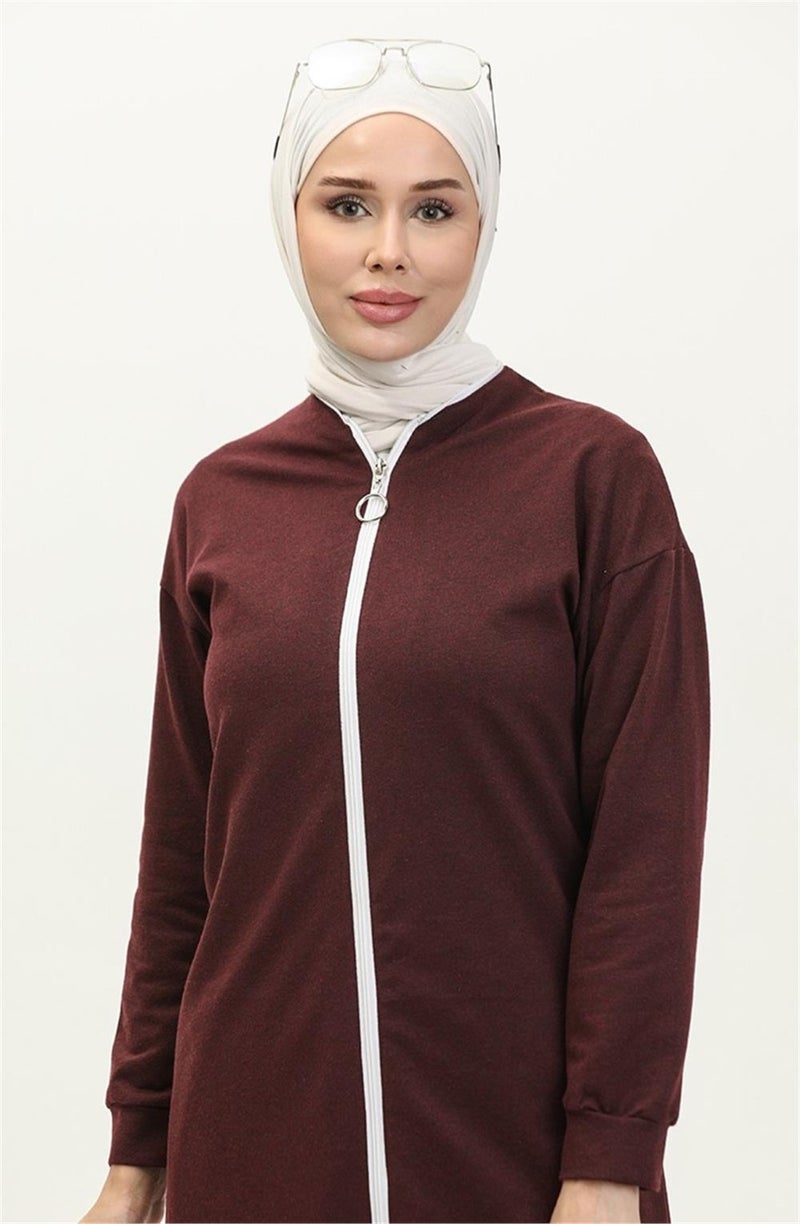 Sevda Crew Neck Zippered Long Tunic Plain Basic Sports Suit - 3044 - Claret Red - Image 3