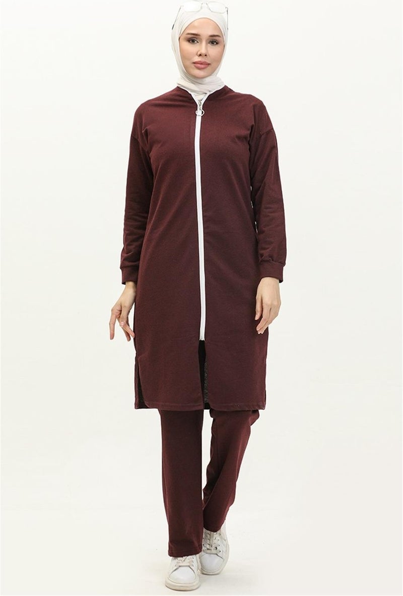 Sevda Crew Neck Zippered Long Tunic Plain Basic Sports Suit - 3044 - Claret Red - Image 1