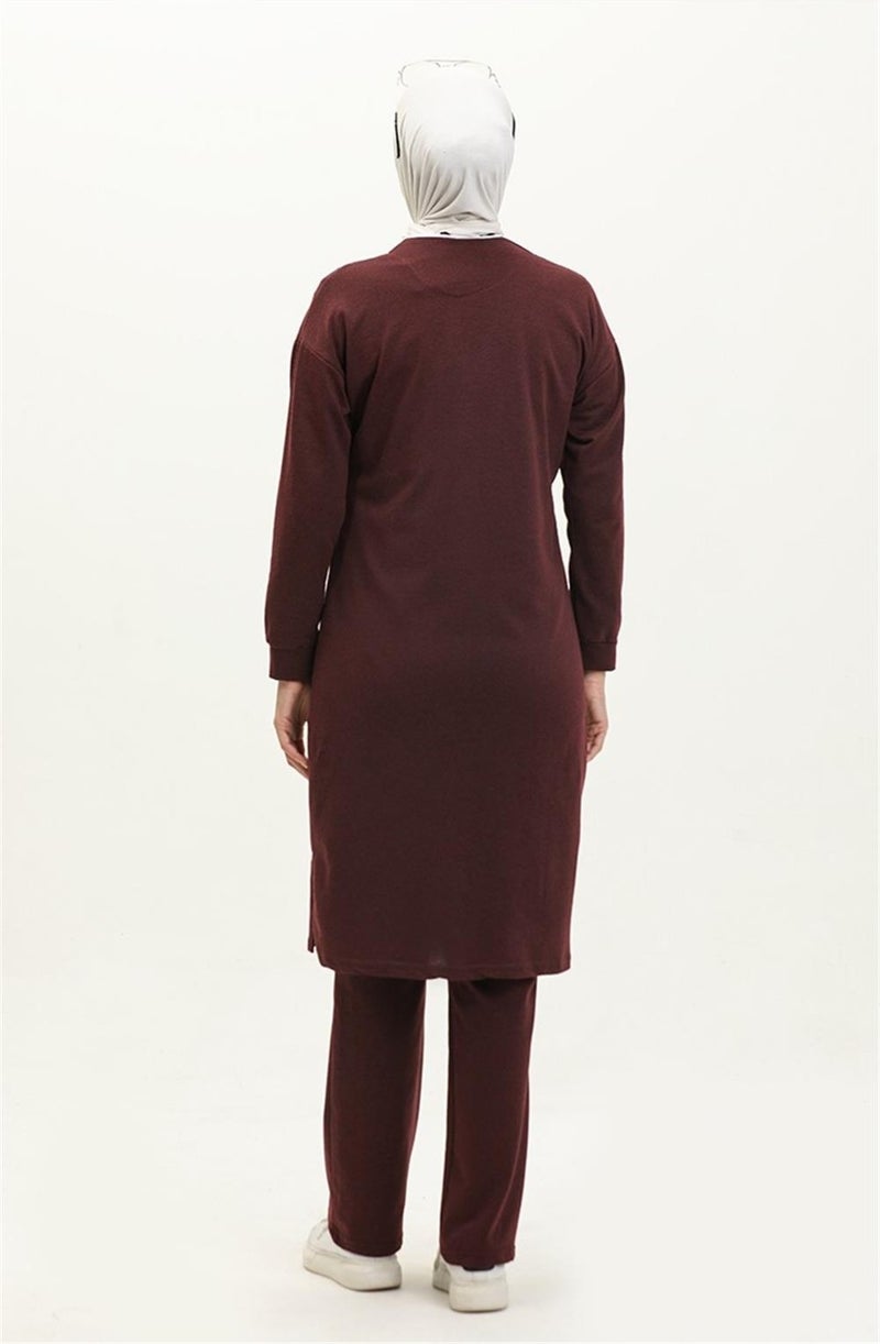 Sevda Crew Neck Zippered Long Tunic Plain Basic Sports Suit - 3044 - Claret Red - Image 5