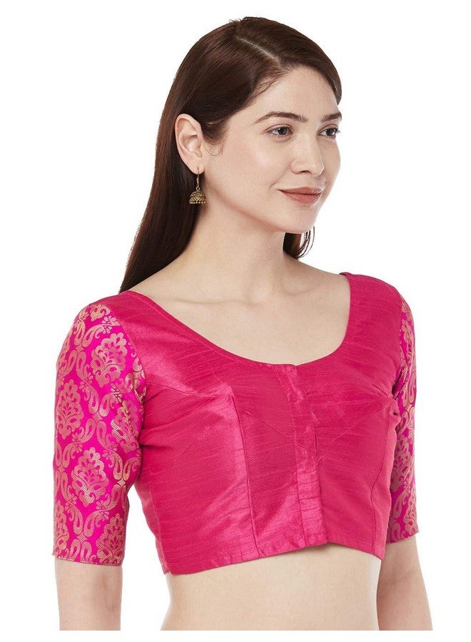 Studio Shringaar Women's Brocade Sleeves Saree Blouse(Pink, 42) - Image 2