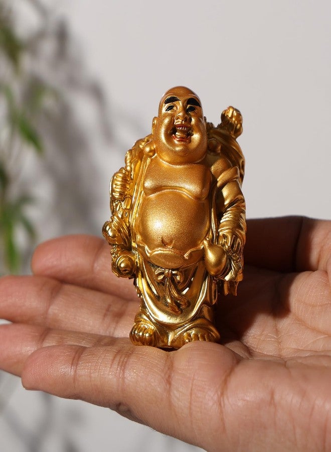 sculpmart Golden Laughing Buddha Idol 6 cm – Smiling Buddha Holding Money Bag in Hands for Good Luck, Wealth, Home, Car, Office & Gifting - Image 1