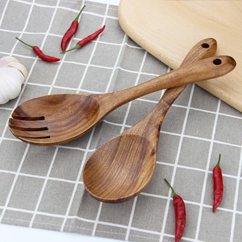 AYFDISHS Wooden Salad Servers, 10.2" Acacia Wood Salad Fork & Spoon for Serving, Olive Wood Salad Serving Utensils Set of 2, Teak Salad Tongs for Kitchen - Image 4