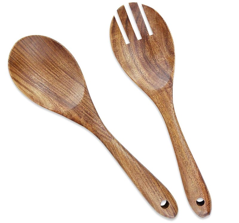 AYFDISHS Wooden Salad Servers, 10.2" Acacia Wood Salad Fork & Spoon for Serving, Olive Wood Salad Serving Utensils Set of 2, Teak Salad Tongs for Kitchen - Image 1
