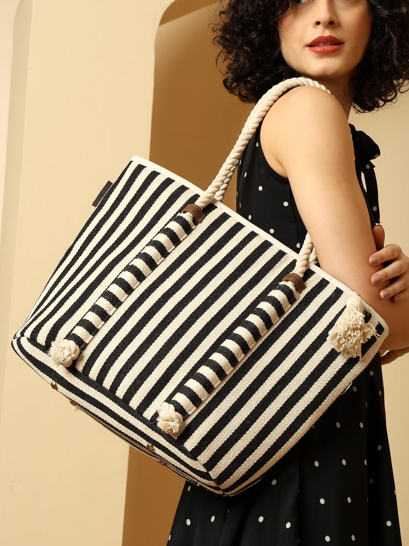ENSAC Women’s Striped Canvas Beach Tote Bag with Rope Handles & Tassel – Large Shoulder Bag for Travel, Picnic & Shopping - Image 4