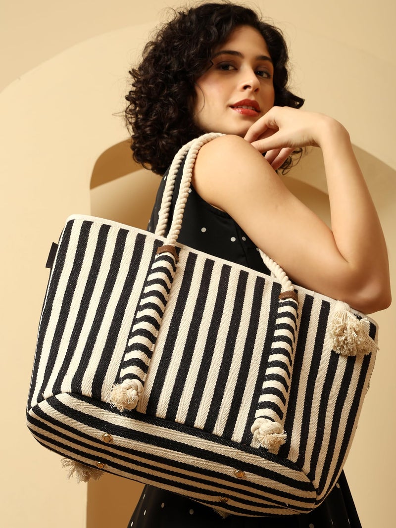 ENSAC Women’s Striped Canvas Beach Tote Bag with Rope Handles & Tassel – Large Shoulder Bag for Travel, Picnic & Shopping - Image 5