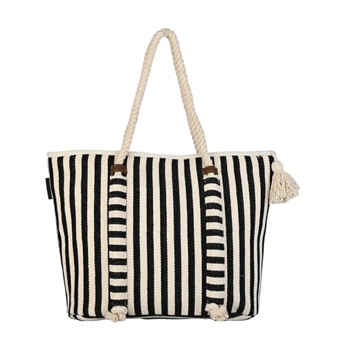 ENSAC Women’s Striped Canvas Beach Tote Bag with Rope Handles & Tassel – Large Shoulder Bag for Travel, Picnic & Shopping - Image 1