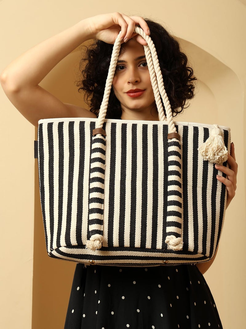 ENSAC Women’s Striped Canvas Beach Tote Bag with Rope Handles & Tassel – Large Shoulder Bag for Travel, Picnic & Shopping - Image 2