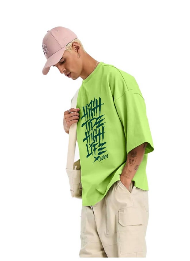 LEOTUDE - LEOTUDE Men's Oversized Half Sleeve Round Neck T Shirt (FS49_HIGH_NN_P_Neon Green_2XL) - Image 1