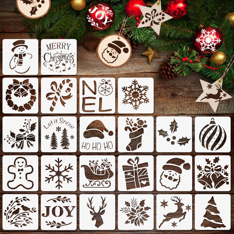 24 Pcs Small Christmas Stencils 3x3 Inch for Painting on Wood SliceDIY Christmas Ornaments