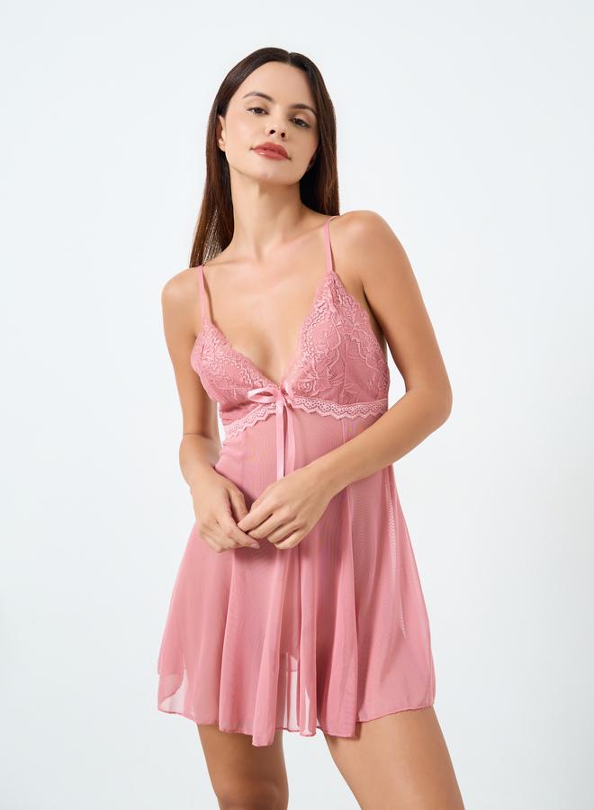 Take Two Mesh Flare Sleeve Robe with Patchwork Lace Embroidery Bow Detail Cami Dress Set - Image 3