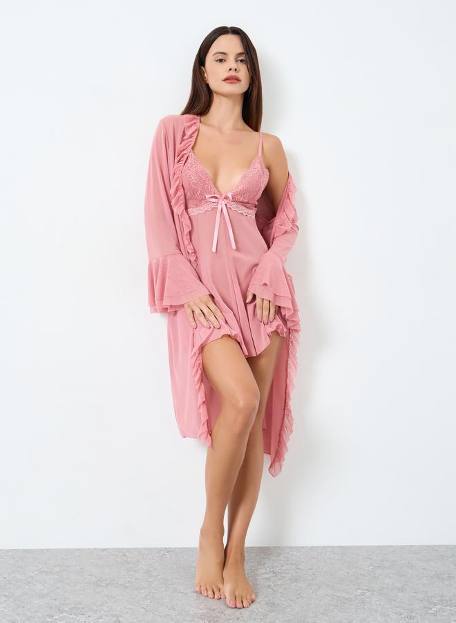Take Two Mesh Flare Sleeve Robe with Patchwork Lace Embroidery Bow Detail Cami Dress Set - Image 1