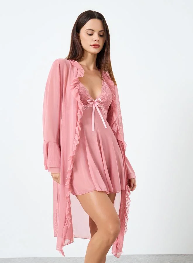 تايك تو طقم روب بأكمام واسعة من الشبك مع فستان كامي دانتيل مزين بفيونكة