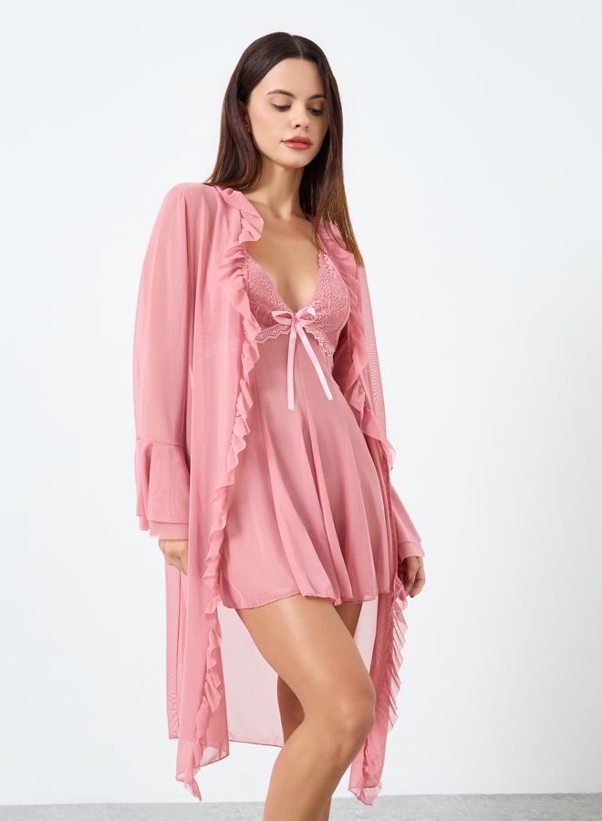 Take Two Mesh Flare Sleeve Robe with Patchwork Lace Embroidery Bow Detail Cami Dress Set - Image 2