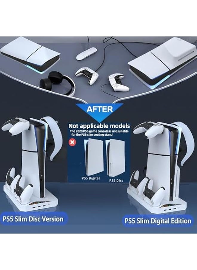 Stand and Cooling Station for the PS5 Slim, Dual Controller Charging, Vertical Stand with 2 Headset Holders, 3 USB Hubs, Compatible with PlayStation 5 Slim Disc/Digital
