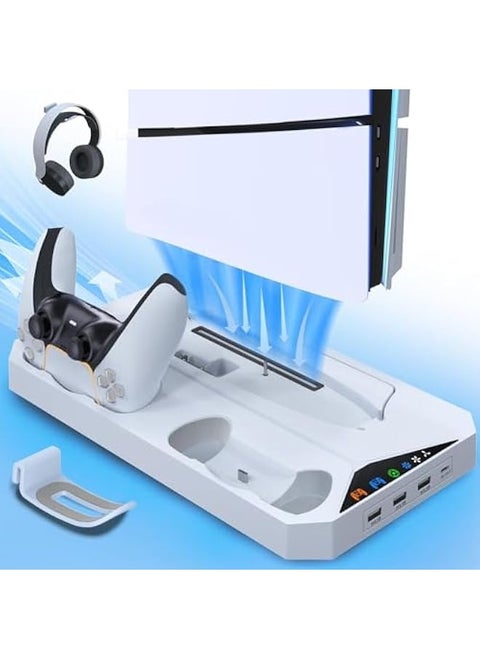 Stand and Cooling Station for the PS5 Slim, Dual Controller Charging, Vertical Stand with 2 Headset Holders, 3 USB Hubs, Compatible with PlayStation 5 Slim Disc/Digital