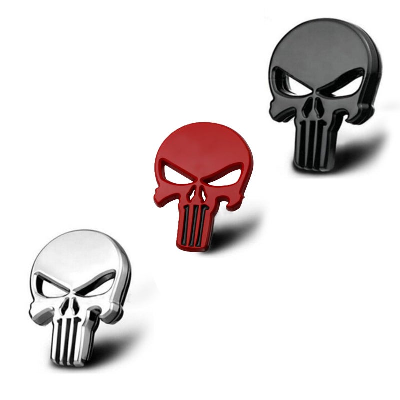 FENGHUTING 3D Skull Punisher Vehicle Car Sticker,3Pcs Metal Skull Decal Motorcycle Waterproof Decoration Cars Trucks Motorcycle Vehicle (Black&Silver&Red) - Image 1