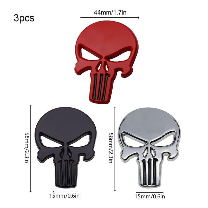 FENGHUTING 3D Skull Punisher Vehicle Car Sticker,3Pcs Metal Skull Decal Motorcycle Waterproof Decoration Cars Trucks Motorcycle Vehicle (Black&Silver&Red) - Image 2