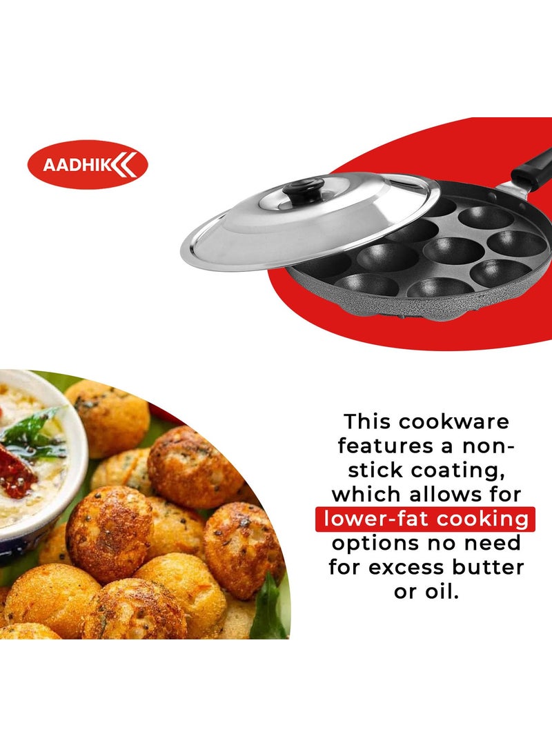 AADHIK AADHIK NonStick 12 Cavity Appam Patra Single Handle with Stainless Steel Lid Aluminium Appam Maker Panayirakal Grey  - Image 2