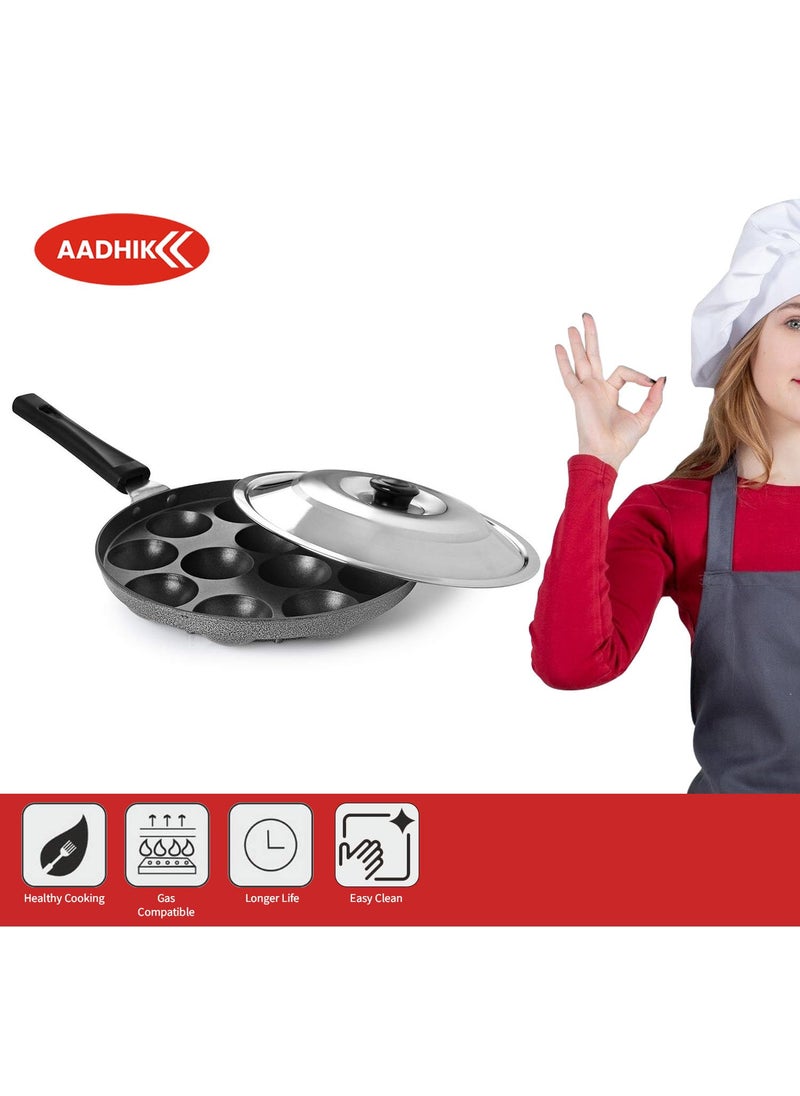 AADHIK AADHIK NonStick 12 Cavity Appam Patra Single Handle with Stainless Steel Lid Aluminium Appam Maker Panayirakal Grey  - Image 3