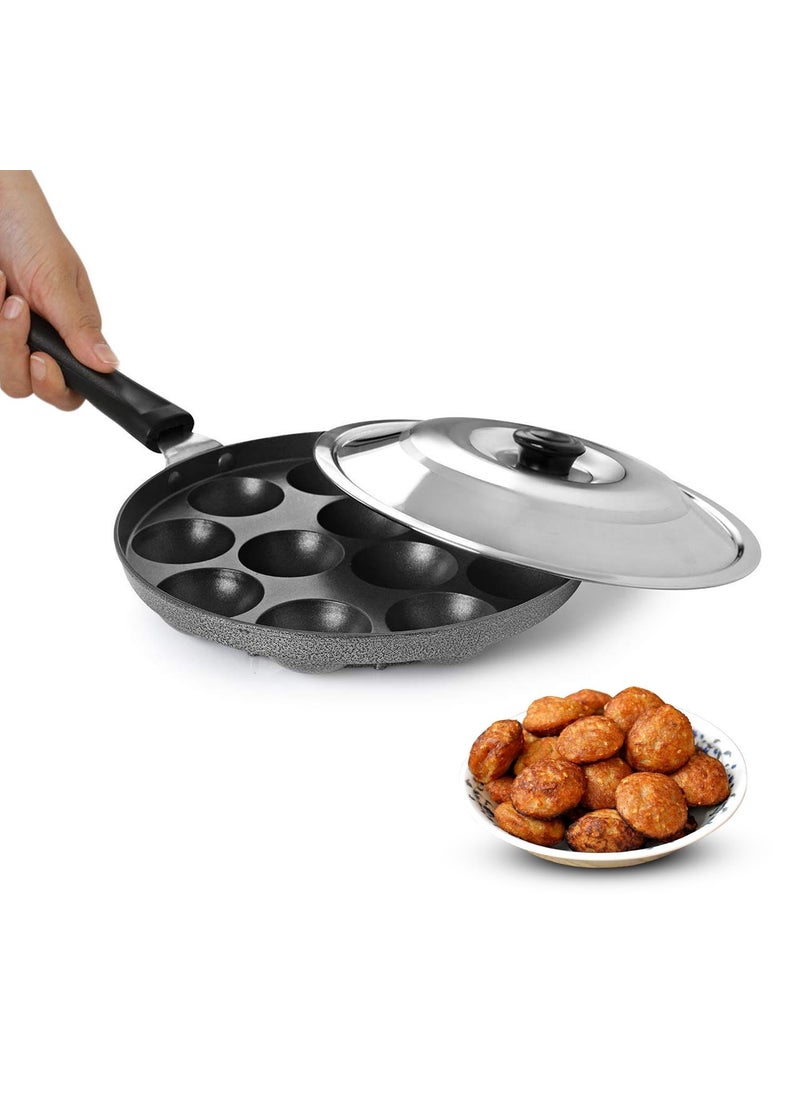 AADHIK AADHIK NonStick 12 Cavity Appam Patra Single Handle with Stainless Steel Lid Aluminium Appam Maker Panayirakal Grey  - Image 1