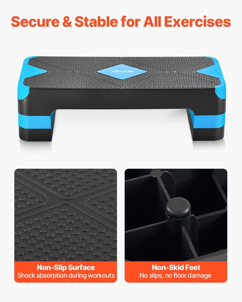 VEVOR Aerobic Exercise Step Platform, 28-Inch Workout Aerobic Stepper, Height Adjustable Fitness Training Step Deck Trainer with 4 Risers, Non-Slip Surface Bench for Home Gym Cardio Strength, Blue - Image 3