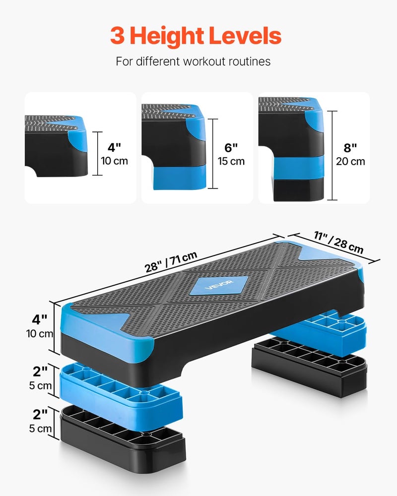 VEVOR Aerobic Exercise Step Platform, 28-Inch Workout Aerobic Stepper, Height Adjustable Fitness Training Step Deck Trainer with 4 Risers, Non-Slip Surface Bench for Home Gym Cardio Strength, Blue - Image 4