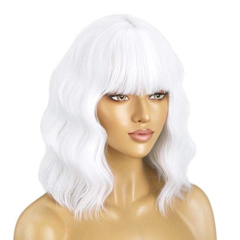 BERON 14 Inches White Wig with Bangs Short Curly White Wigs for Women Daily Party Hairnet Include - Image 2