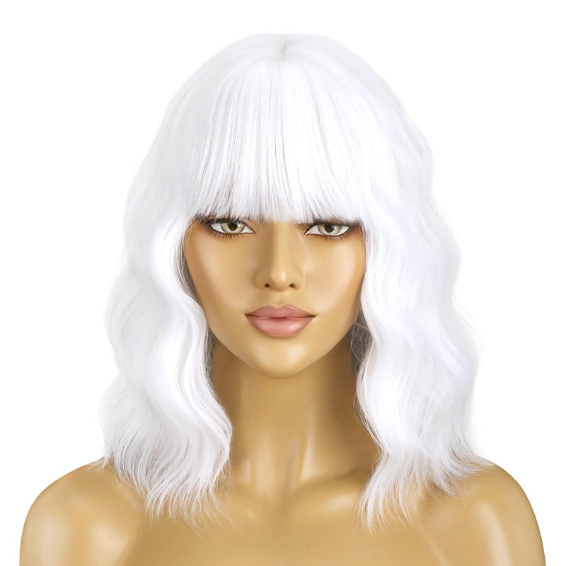 BERON 14 Inches White Wig with Bangs Short Curly White Wigs for Women Daily Party Hairnet Include - Image 1
