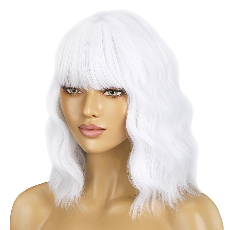 BERON 14 Inches White Wig with Bangs Short Curly White Wigs for Women Daily Party Hairnet Include - Image 3