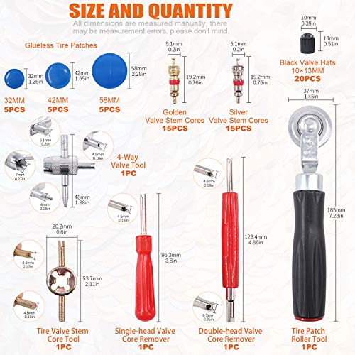 Rustark 70 pcs Valve Core Remover Tool with 30Pcs Tire Valve Stem Cores, 20Pcs Core Caps,Dual Single Head Valve Core Remover, 15 Pcs Puncture Tire Patches, 4-Way Valve Tool and Tire Patch Roller - Image 2