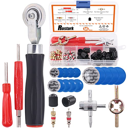 Rustark 70 pcs Valve Core Remover Tool with 30Pcs Tire Valve Stem Cores, 20Pcs Core Caps,Dual Single Head Valve Core Remover, 15 Pcs Puncture Tire Patches, 4-Way Valve Tool and Tire Patch Roller - Image 1